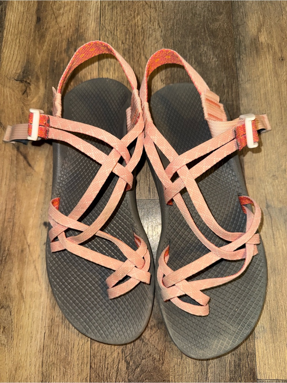 Chaco ZX/3 Classic triple-strap sandals in pink/coral.